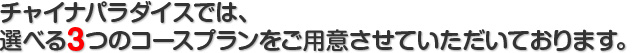 チャイナパラダイスでは、 選べる3つのコースプランをご用意させていただいております。